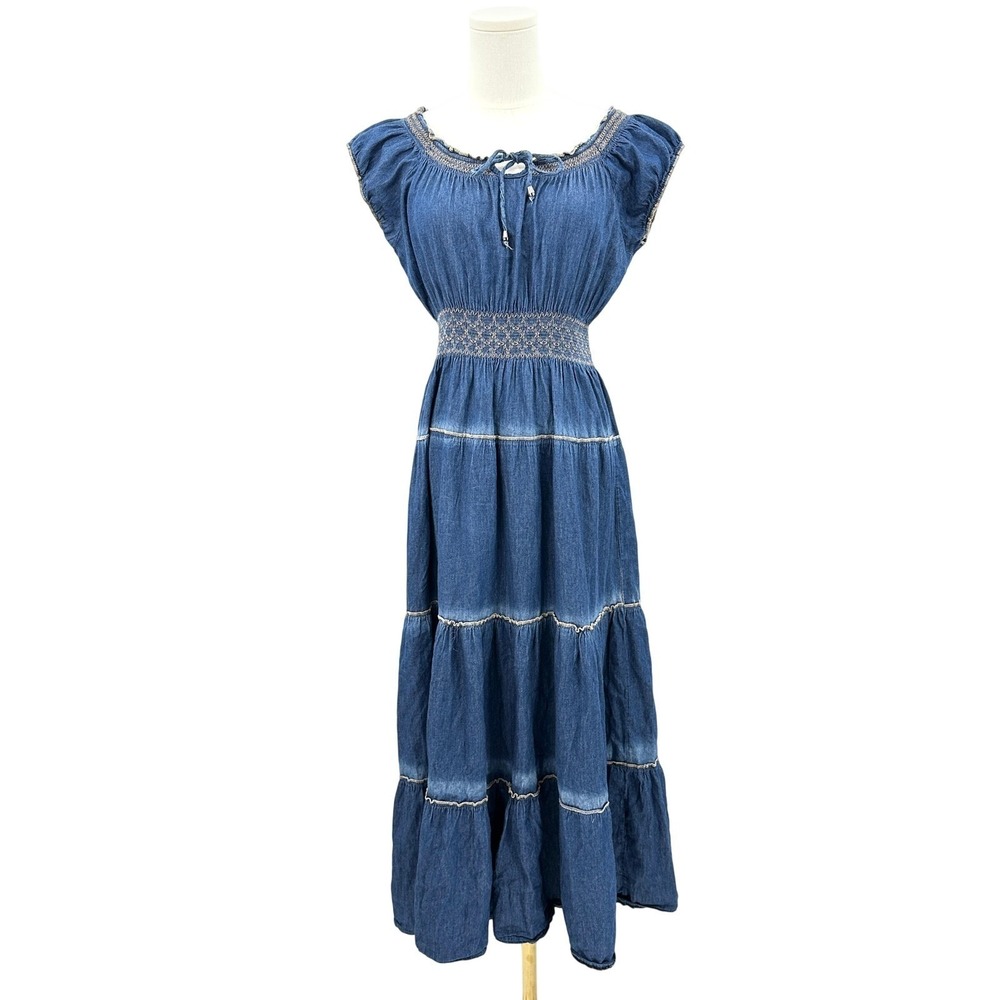 Western Boho Tiered Maxi Dress S/M Smocked‎ Prairie Cottage Peasant Stagecoach